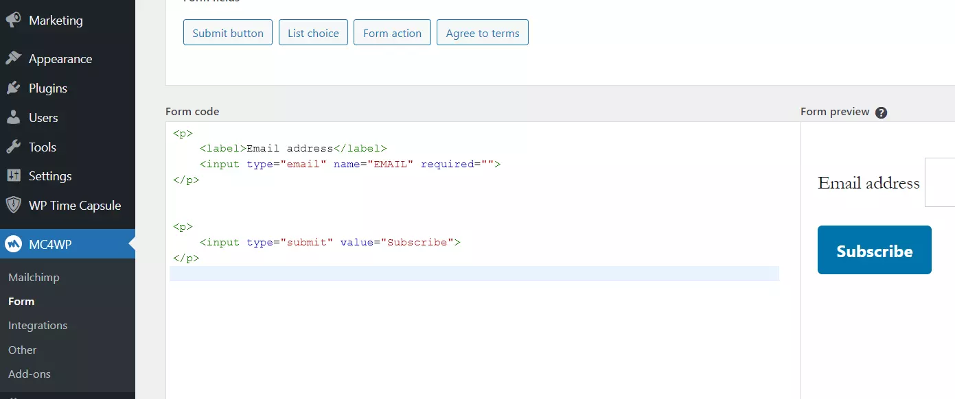 Imagen: MC4WP en el backend de WordPress